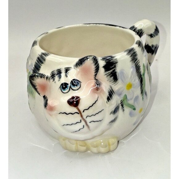 Cute Whimsical Cat Mug Cup Black White Striped Tabby Succulent Air Fern Planter - Picture 1 of 8